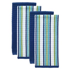 T-fal Premium Kitchen Towel (4-Pack), 16"x26" Highly Absorbent, Super Soft Long Lasting 100% Cotton Solid/Check Hand Towels, Tea Towels, Blue