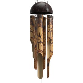 Nalulu Rustic Bamboo Wind Chimes - Outside Outdoor Wooden Windchimes, Large, Floral Burned Design with Coconut Crown, Handcrafted with Calming Deep Tones, Home Decor, Ideal Gift for Him & Her