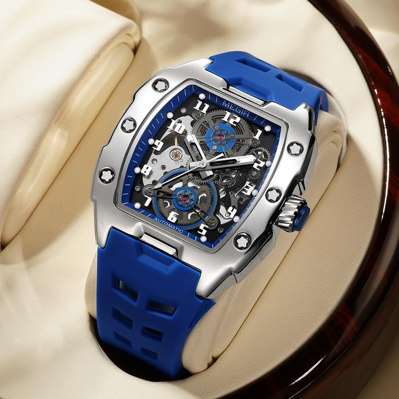 MEGIR Automatic Mechanical Men Watch, Silicone Band, 43x50mm Alloy Case,