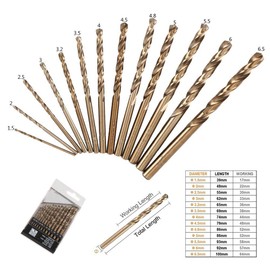 13Pack HSS Twist Drill Bit Set Metric M35 Cobalt Steel High Speed Steel Titanium Coated Drill Bit Tool Extremely Heat Resistant with Straight Shank 1.5mm-6.5mm for Drilling Tool Wood, Metal & Plastic