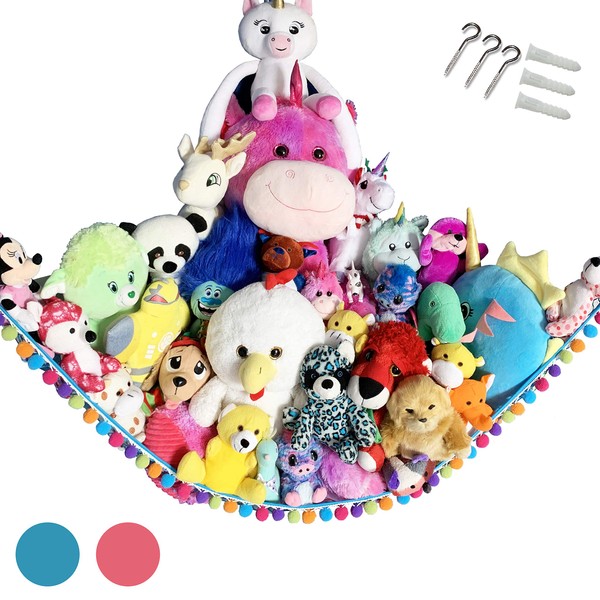 HOME4 Plush Animal Teddy Bear Hanging Storage Toys Hammock Net With Fun Poms Poms - Organize Small, Large, Giant Stuffed Toys Balls Great Gift for Boys, Girls Instead of Bins Chest (Blue)