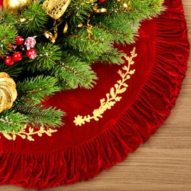 Sotiff 72 Inch Large Red Christmas Tree Skirt Velvet Fur Xmas Tree Skirt with Gold Embroidered and Quilted Cuff for Merry Christmas Party Rustic Vintage Winter Holiday Decorations
