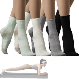 Grip Socks Women Pilates Yoga Socks Non Slip Barre Dance Hospital Running Cute Cotton Ankle Slipper Sock 3/4 Pairs(4 Pack-Black White Light grey Light green)