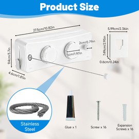 GAESHOW Retractable Washing Line Hanging - Wall Mounted Non-Sagging Washing Line with 5.1 m Steel Cable for Bathroom, Laundry Room, Balcony, Garden (White)