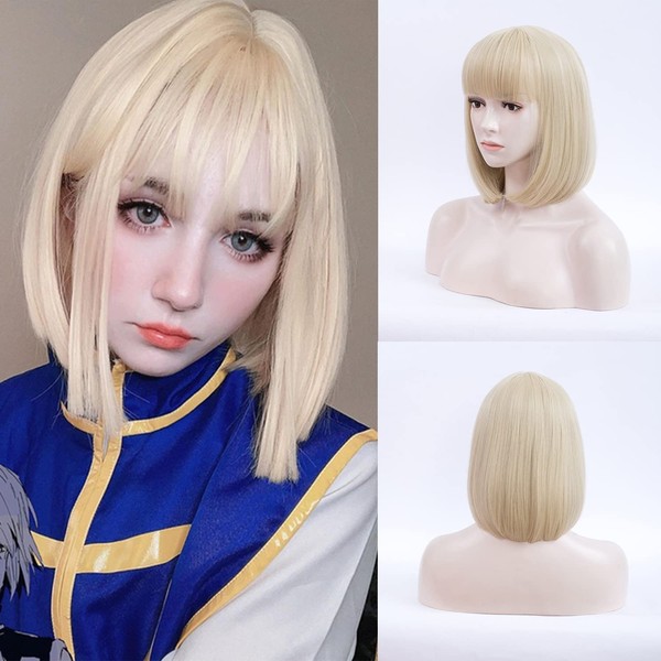 Netgo Blonde Wig with Bangs, Short Blonde Bob Wig for Women, 12 Inch Straight Hair Wigs for Girls Heat Friendly Synthetic Cosplay Party Wigs