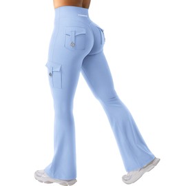 YEOREO CoreFlex Women Workout Flare Leggings with Pockets Hidden Scrunch High Waisted Cargo Gym Yoga No Front Seam Leggings Light Blue L