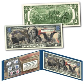 Merrick Mint Americana Images Buffalo Bison Black Eagle Native American Chief Uncirculated Two Dollar Bill Special Edition Collectible Display Holder and Certificate