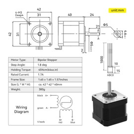 RATTMMOTOR Stepper Motor Nema 17 Stepper Motor, 4-Wire Stepping Motor 45 Ncm (64 ozin) 1.7 A 4-Core Cable 1.8 Degree 2-Phase CNC Motor with 1 m Cable 42 x 42 x 40 mm for 3D Printer/Robot