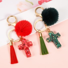 MWOOT 2 x Key Ring Cross for Pompom Tassels, Red+Green