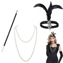 Rakiuty 1920s Headband, 1920s Women's Feather Headband, Vintage Hair Bands, Black, Years Flapper Accessory Set, 3 Pieces