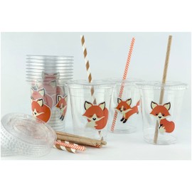 Fox Cups, Woodland Baby Shower, Birthday Party Supplies for Kids, Plastic Disposable Cups, Lids, Paper Straws, Set of 12
