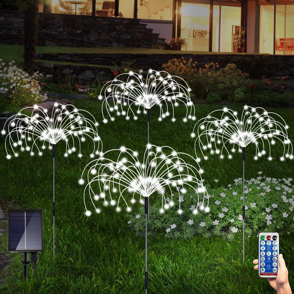 Solar Garden Lights Outdoor, 4 Pack Fireworks Lights Waterproof Solar Lamps 3 Brightness Decorative String Lights 8 Modes with Remote DIY Fairy Stake Light for Backyard Patio Lawn Pathway(Cool White)