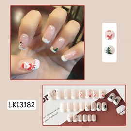 24Pcs Christmas Press on Nails Short Square Fake Nails White French Tip with Snowman Design Xmas Trees False Nails Nude Full Cover Artificial Glue on Nails Cute Winter Stick on Nails for Women DIY