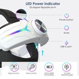 RGB Head Strap for Oculus Quest 3, MTomatoVR Replacement Strap Built-in 8000mAh, Enhance 5-7 Hours Gaming Time, Comfort Support VR Accessaries Compatible with Meta Quest 3, White