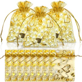 Bnsikun 100pcs Love Heart Organza Drawstring Gift Bags Organza Wedding Favor Bags 3.5x4.5 Inch Jewelry Pouch Candy Bags for Wedding Christmas Birthday Graduation Party Supplies (Gold Heart)