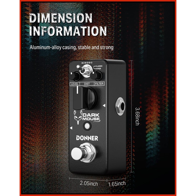 Donner Dark Mouse Distortion Pedal for Pedalboard Electric Guitar, 2