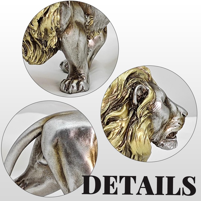 MOTIAHOOM Lion Figurine, Roaring Animal Statue, Silver Gold