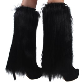 WILOVCOS Womens Fluffy Faux Fur Leg Warmers,Soft Cozy Fuzzy Boot Cover for Party Costumes (Black)