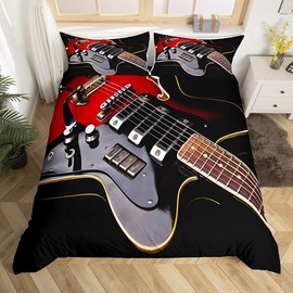 Guitar Duvet Cover, Music Theme Comforter Cover Set for Boys Teens Rock Musical Instrument Pattern Red Black Bedding Set, Soft Microfiber Bedspread with Zipper Ties, Double Size