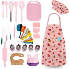 33 Pieces Kids Cooking Sets Real, Kids Chef Role Play Costume Set with Plastic Toddler Safe Knives Kids Cutting Board