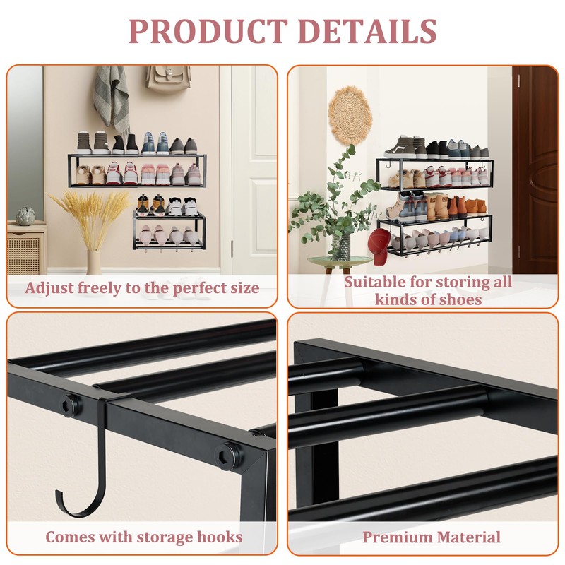 4 Pack Expandable Wall Mounted Shoe Rack, 17"-31" Adjustable Hanging