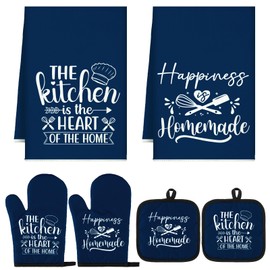 Sratte 6 Pcs Farmhouse Kitchen Towels Pot Holders Oven Mitts Set 2 Dish Towels 2 Potholders 2 Cooking Mittens Oven Glove for Baking Cooking Grilling Supply(Blue)
