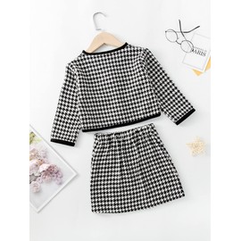WDIRARA Toddler Girl's 2 Piece Houndstooth Button Front Long Sleeve Round Neck Jacket and Skirt Outfits Set Black and White 90