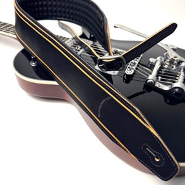 Walker And Williams FPB-42 Super Premium Full Length Grain Leather Air Cell Padded Guitar Strap In Black And Tan Finish, With Aged Nickel Buckle For Acoustic, Electric, And Bass Guitars.