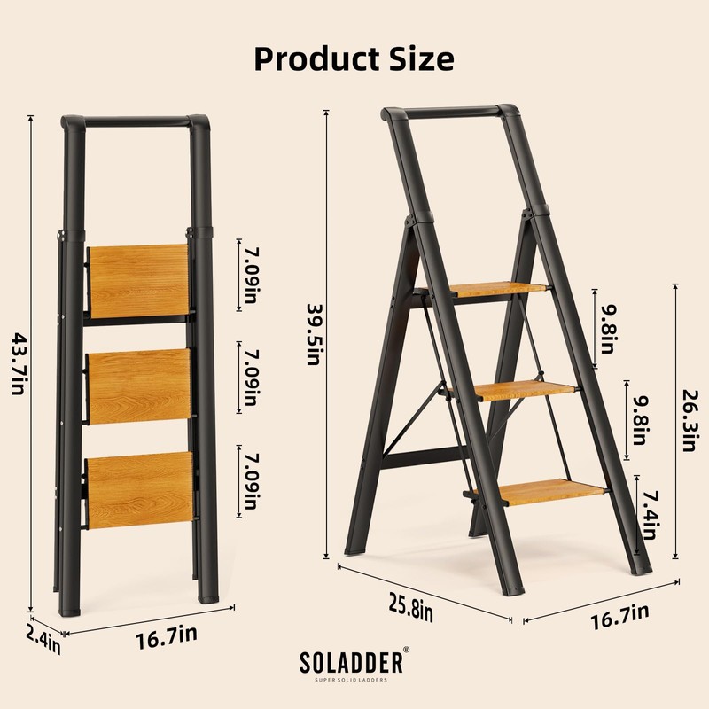 SOLADDER 3 Step Ladder with Handrails, Lightweight Aluminium Folding Step