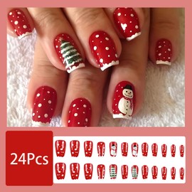 24 Pcs Christmas Press on Nails Square Medium Fake Nails with Snowman Christmas Tree Design Cute Winter False Nails Kit Glossy Acrylic Glue on Nails Xmas Nails Reusable Stick on Nails for Women