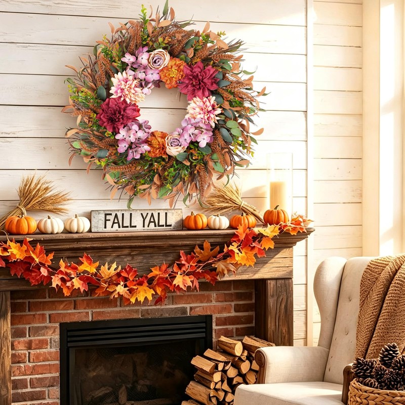 24 Inch Fall Wreath Pink Hydrangea Red Dahlia Wheat for