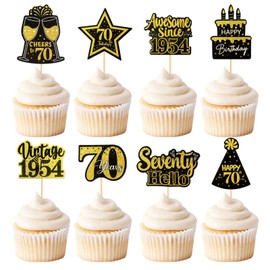 Keaziu 24 Pack Vintage 1954 Cupcake Toppers Happy 70th Cheers to 70 Cupcake Toppers Picks Seventy Hello Awesome since 1954 Cupcake Toppers 70 Years Happy Birthday Party Decoration 70 Gold