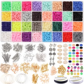 EuTengHao Flat Clay Beads Kit,Round Polymer Clay Spacer Beads,Ceramic Beads,32 Colors African Disc Beads for Bracelets Necklace Earring Jewelry Making with Pendant and Jewelry Findings (8632Pcs)