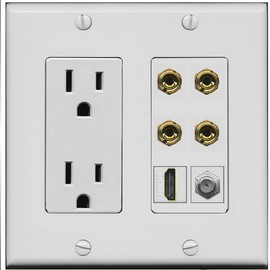 RiteAV 4 Port Banana 2 Speaker Binding Post HDMI Coax Wall Plate - Outlet [Gray/Gray]