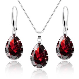 Linawe Jewellery Set, Bridal Jewellery, Wedding Jewellery, Women's Earrings Hanging and Pendant Chain Necklace, Available in Silver, Gold and Rose Gold, Silver Copper Gemstone, Created Garnet