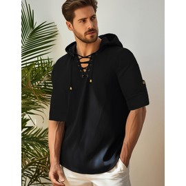 OYOZONE Linen Shirts for Men Long Sleeve Camisa de lino para Hombre lace up Black Hoodie Vintage Men Medieval Tunic