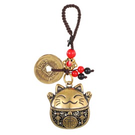 Lucky Cat Keychain Cute Maneki Neko Cat Good Luck Charms Amulet with Feng Shui Coins Brass Vintage Statue Wealth and Good Luck Key Pendant