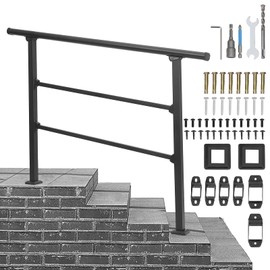 Handrails for Outdoor Steps, 4 Step Handrail Fit 3 or 4 Steps Outdoor Stair Railing, Black Wrought Iron Stair Handrail with Installation Kit, Metal Porch Railing