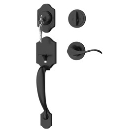 iuniq Front Door Handle Set, Heavy Duty Zinc Alloy Black Deadbolt Set with Reversible Handle Lever Single Cylinder Entry Deadbolt Entry Handle for Right & Left Handed Doors