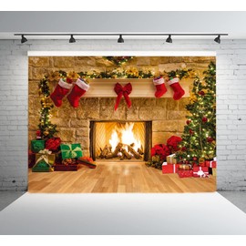 DHXXSC 10X8FT Christmas Photography Backdrop Fireplace Decoration Christmas Tree Backdrop Photography Studio Backdrop Christmas Party Banner Vinyl Background DH-129