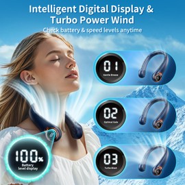 ZHZW Portable Neck Fan with 6000mAh USB - Rechargeable Battery, Ultra-Light Bladeless Neck Fan LED Display, 360° Cooling Wearable Fan, 3 Speeds (Blue)