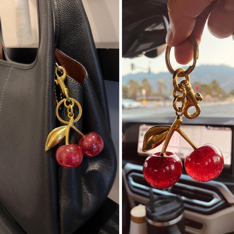 ZHLZTYYL 1 pcs Cherry Keychain,Glitter Cherry Bag Charm with Key