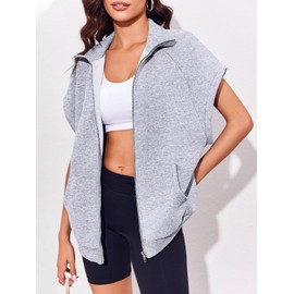 Fisoew Women's Zip Up Sweatshirts Sleeveless Oversized Casual Solid Color Sweatshirt with pockets