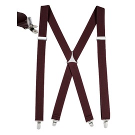 Mens Elastic X Back No Slip Pin Clip Straight Clip Suspenders - Burgundy (Regular, 46" Long)