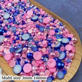 Mix Flatback Pearls and Rhinestone,60g Resin Rhinestones Half Round Pearls for Crafts 3mm-10mm AB Color Half Pearl Flatback Rhinestone for Nail Face Art,Bottles (Dark Pink Blue Series)