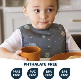Tiny Twinkle Mess Proof Baby Bib - Waterproof Baby Apron - Machine Washable - PVC, BPA, & Phthalate Free - Great Travel Bib for Baby Eating - Baby Food Bibs (Space, Small 6-24 Months)