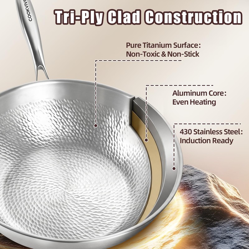 Pure Titanium Wok,12.6" Flat Bottom Wok Pan with Lid