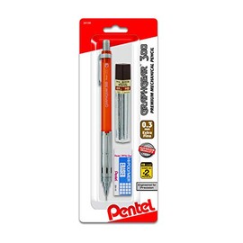 Pentel Arts GraphGear 300 - Lápiz mecánico (0,3 mm), línea extrafina, barril naranja, con borrador de bloque pequeño + 1 tubo de plomo