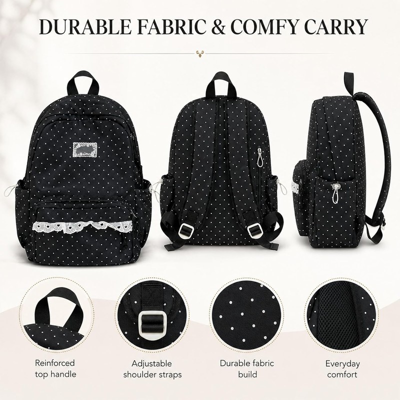 Polka Dot Backpack, Cute Lace Daypack for School Travel