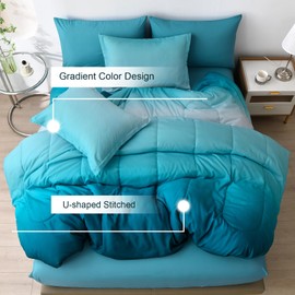 Anibedding 7 Pieces Gradient Teal Comforter Set Queen - Lightweight Teal Green Bed in a Bag Queen Size Set, All Season Down Alternative Complete Bedding Set Flat/Fitted Sheet, Pillowcases Pillow Shams